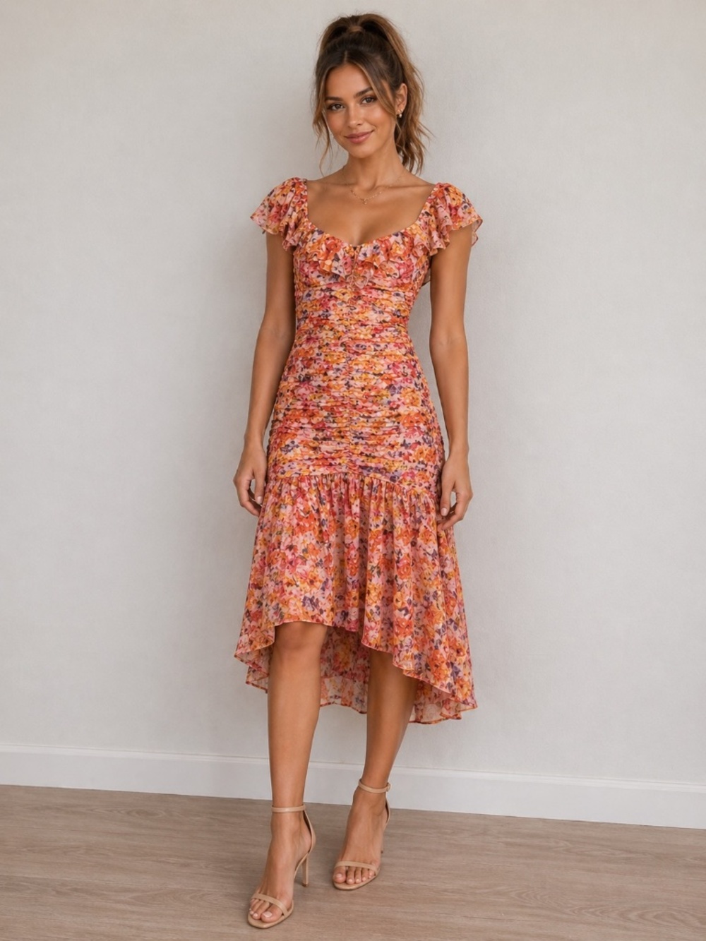 Astr Floral Ruffled Hi-Low Dress in Peach Multi
